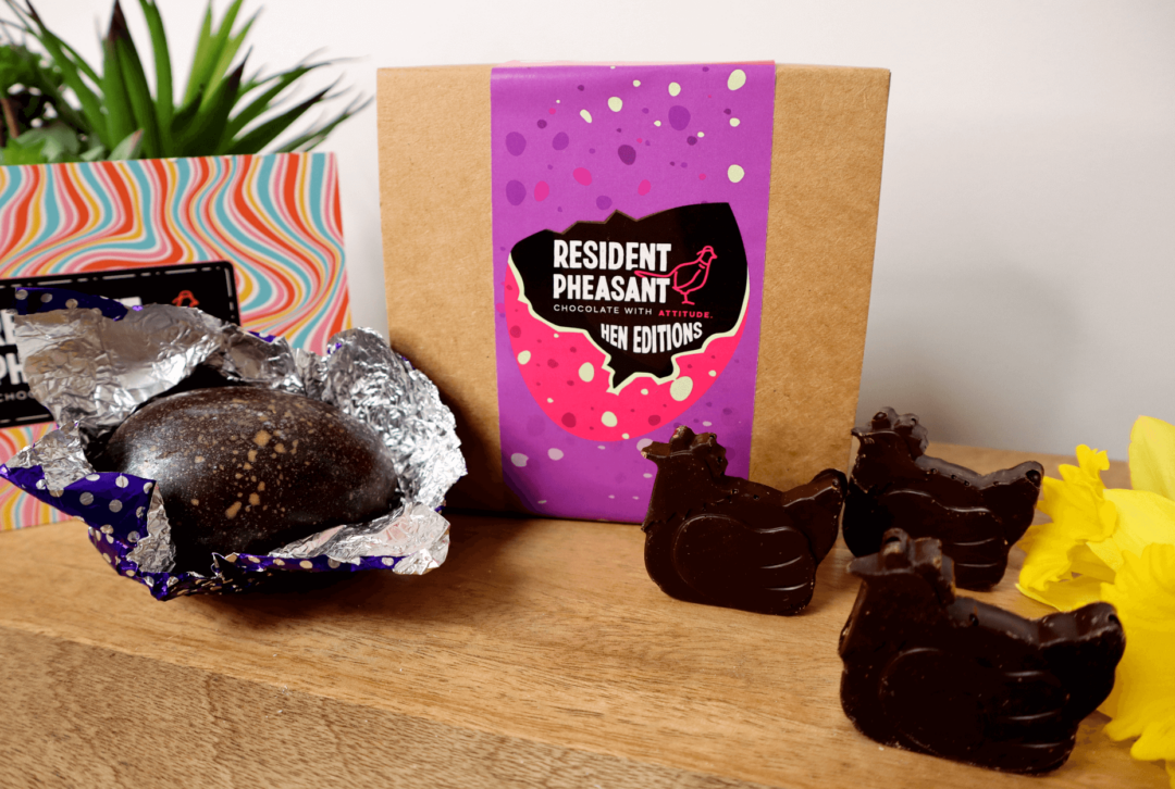 Dark Chocolate Hens and Egg Box with open Chocolate Egg