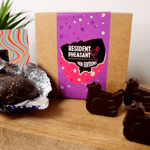 Dark Chocolate Hens and Egg Box with open Chocolate Egg